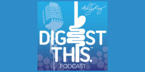 Digest This podcast logo featuring a stylized digestive tract integrated into the title text, with a vintage microphone in the background and a blue gradient design