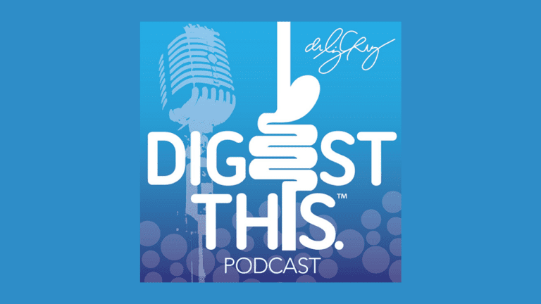 Digest This podcast logo featuring a stylized digestive tract integrated into the title text, with a vintage microphone in the background and a blue gradient design