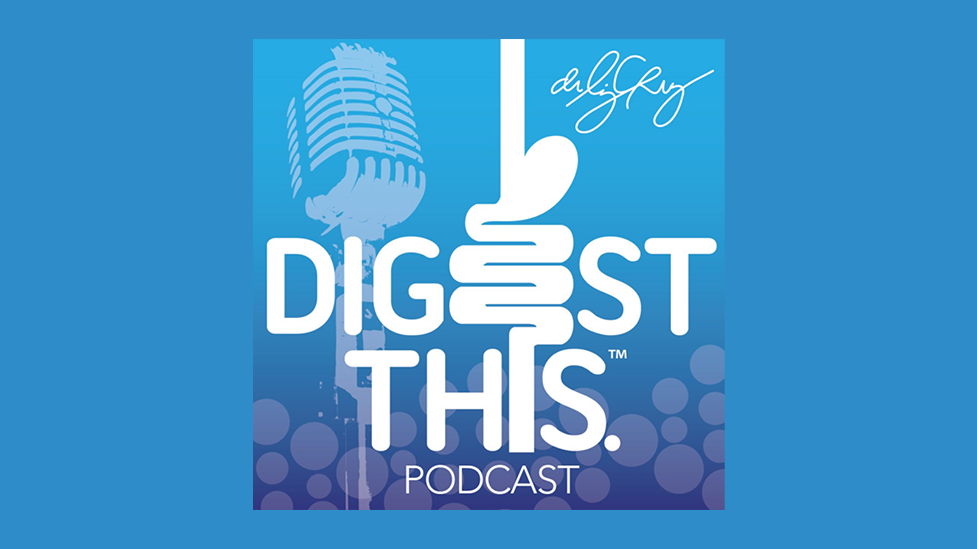 Digest This podcast logo featuring a stylized digestive tract integrated into the title text, with a vintage microphone in the background and a blue gradient design