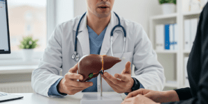 Doctor showing a liver model to a patient while discussing elevated liver enzymes and liver health.