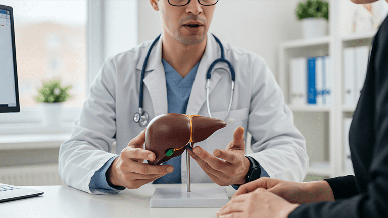 Doctor showing a liver model to a patient while discussing elevated liver enzymes and liver health.