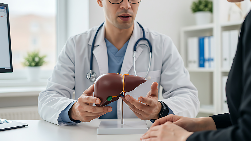 Doctor showing a liver model to a patient while discussing elevated liver enzymes and liver health.