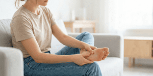 Woman massaging the arch of her foot while sitting on a couch, experiencing pain on the bottom of her foot
