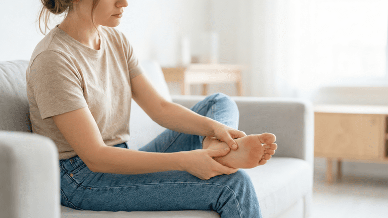Woman massaging the arch of her foot while sitting on a couch, experiencing pain on the bottom of her foot