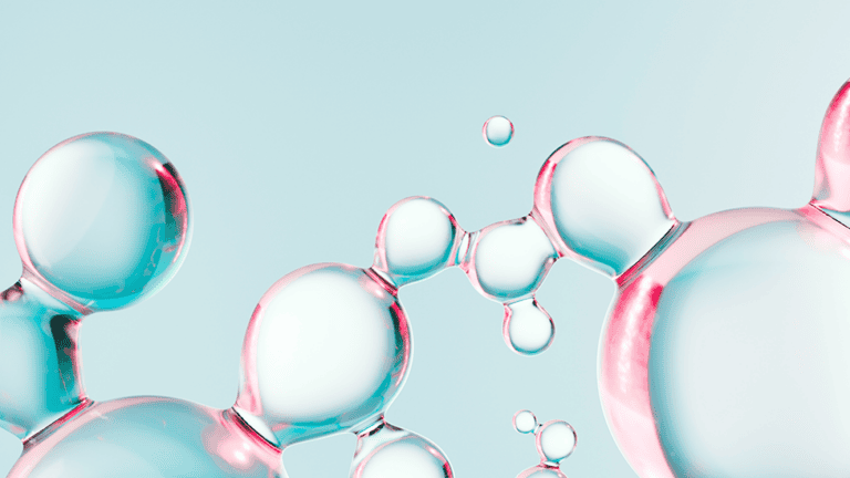 Abstract 3D illustration of connected peptide molecules representing KPV peptide research and peptide therapy.