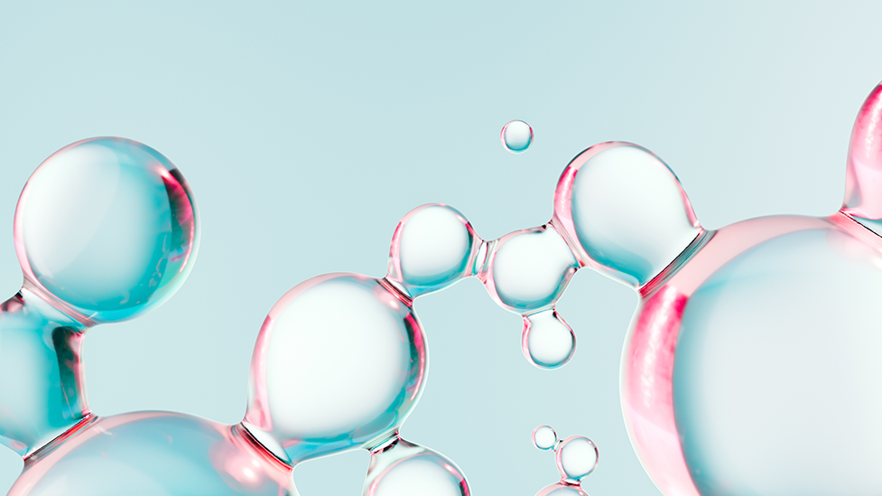 Abstract 3D illustration of connected peptide molecules representing KPV peptide research and peptide therapy.