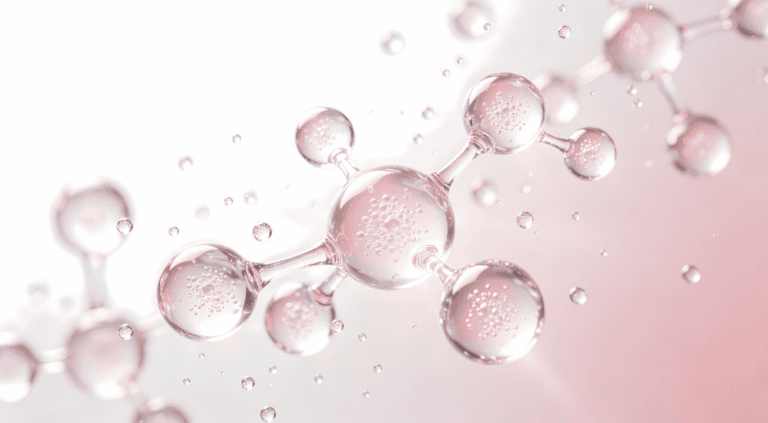 Close-up of molecular chain droplets, representing tesamorelin peptide therapy offered in Scottsdale, AZ