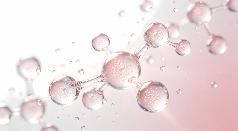 Close-up of molecular chain droplets, representing tesamorelin peptide therapy offered in Scottsdale, AZ